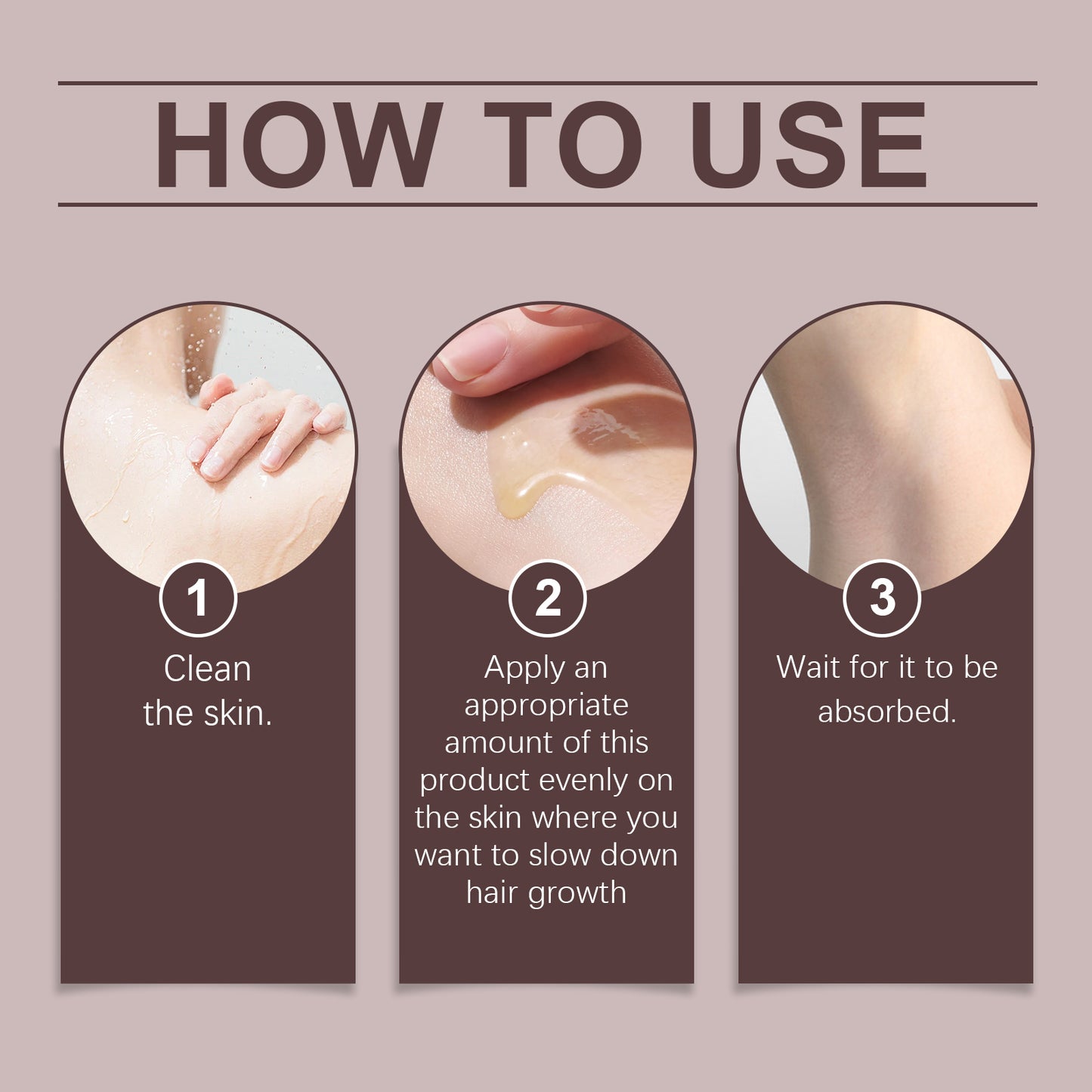 Step-by-step guide on how to use a product to slow down hair growth, with images and text on a beige background.