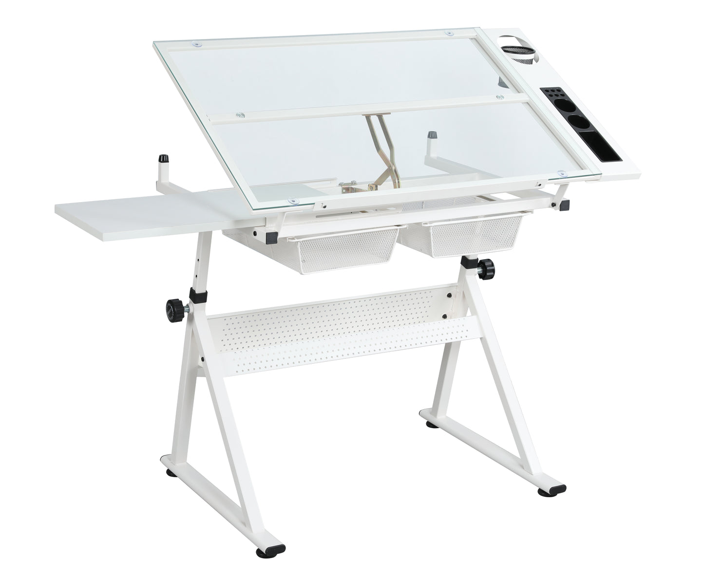 WHITE Adjustable Tempered Glass Drafting Printing Table With Chair