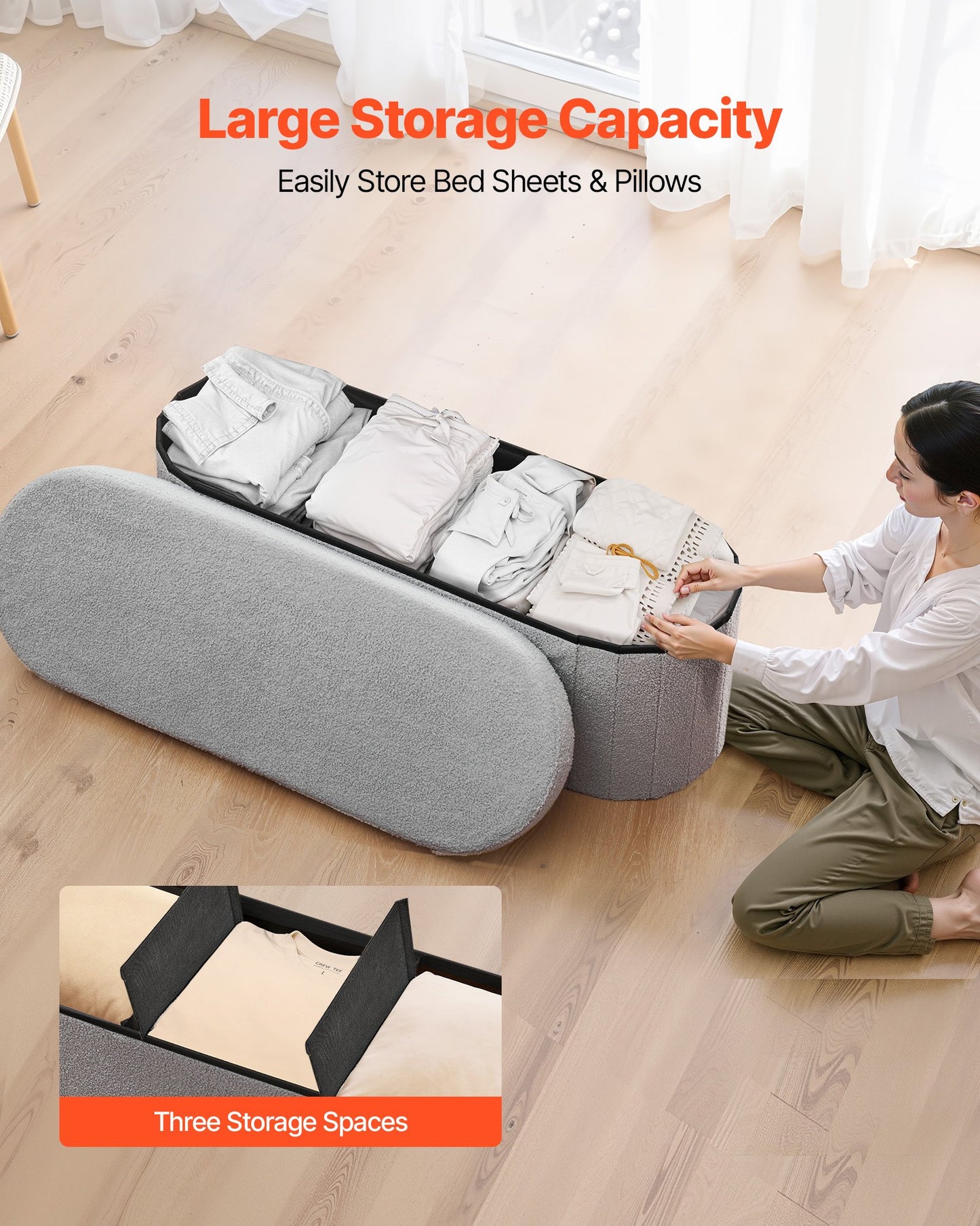 Gray storage ottoman with large capacity for bedding on a wooden floor.
