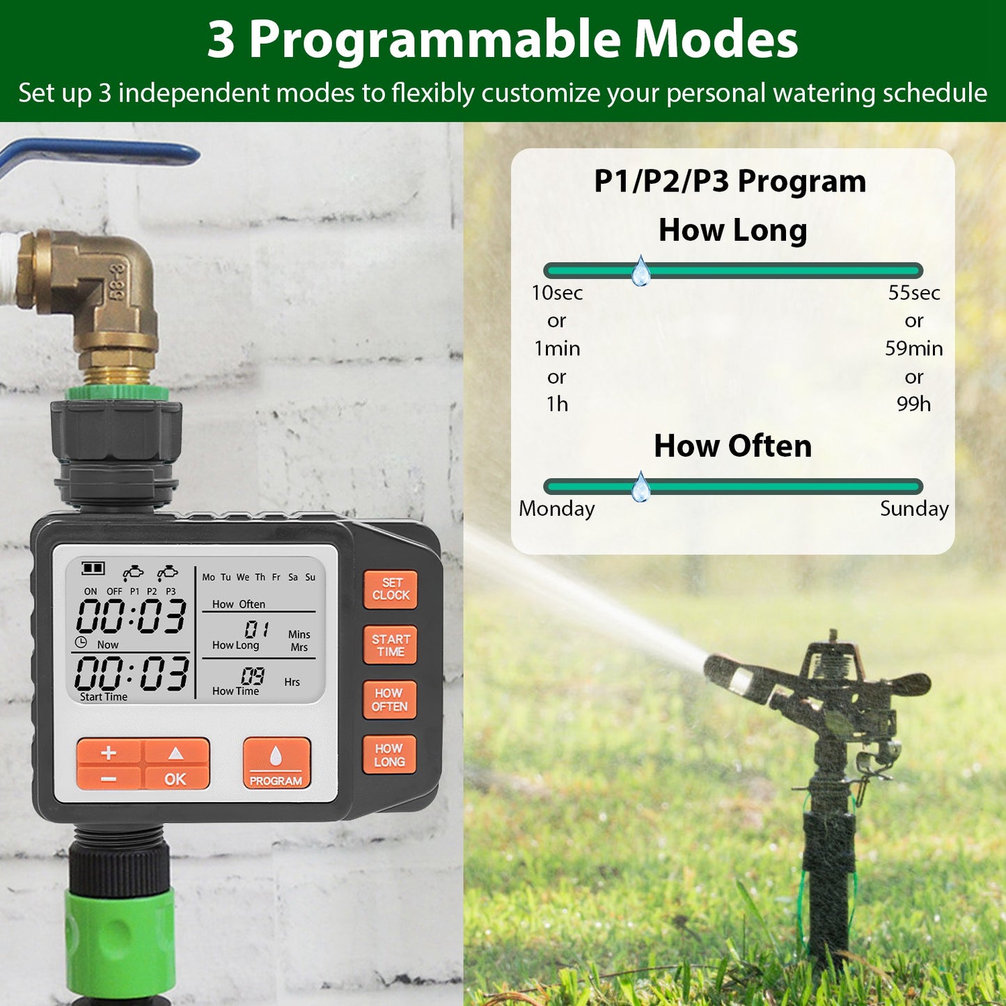 1Pc Sprinkler Timer With 3 Watering Programs Manual Mode Automatic Watering System Waterproof Irrigation Timer House Faucet Timer For Garden Yard Lawn