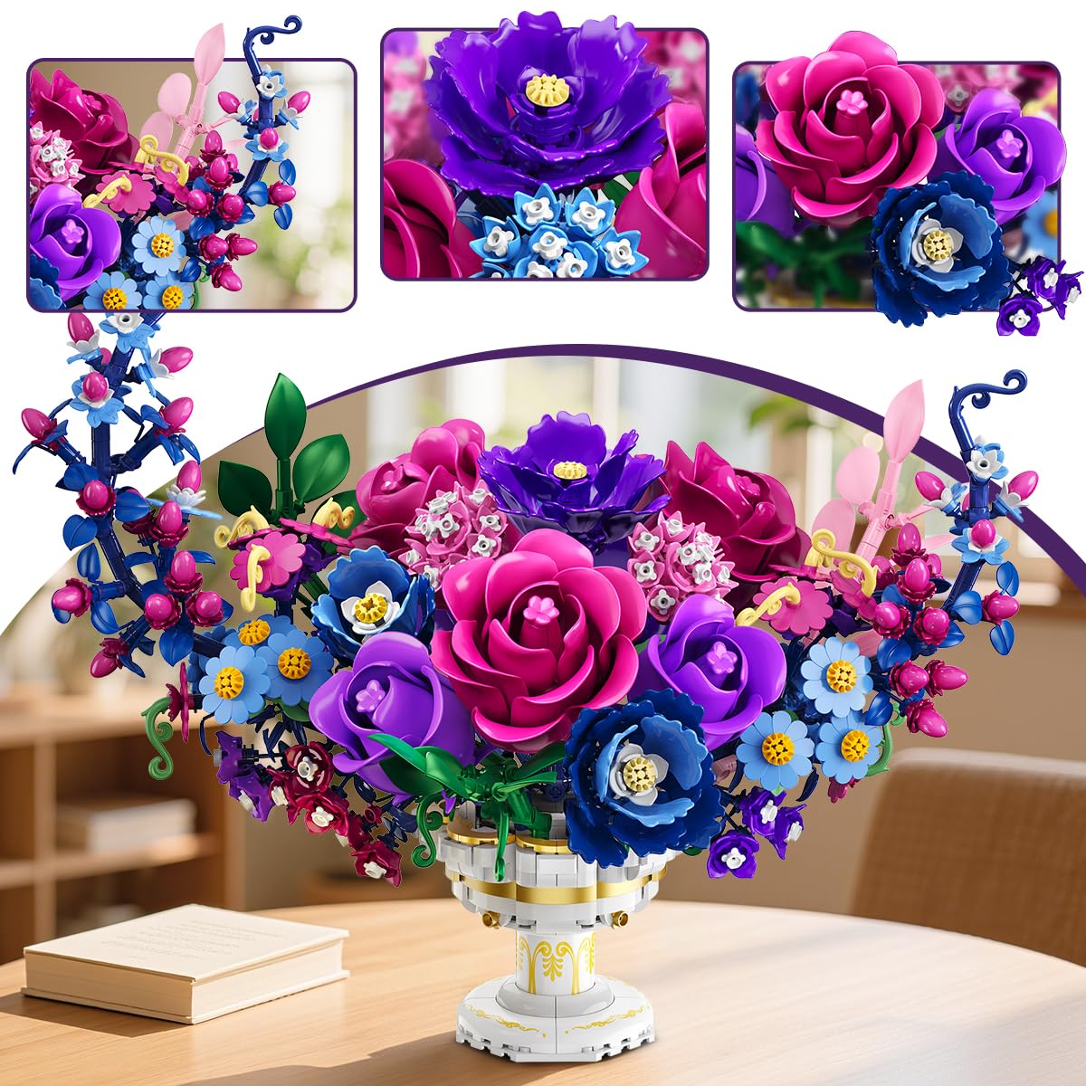Colorful flower arrangement on a stand with close-up insets of flowers.