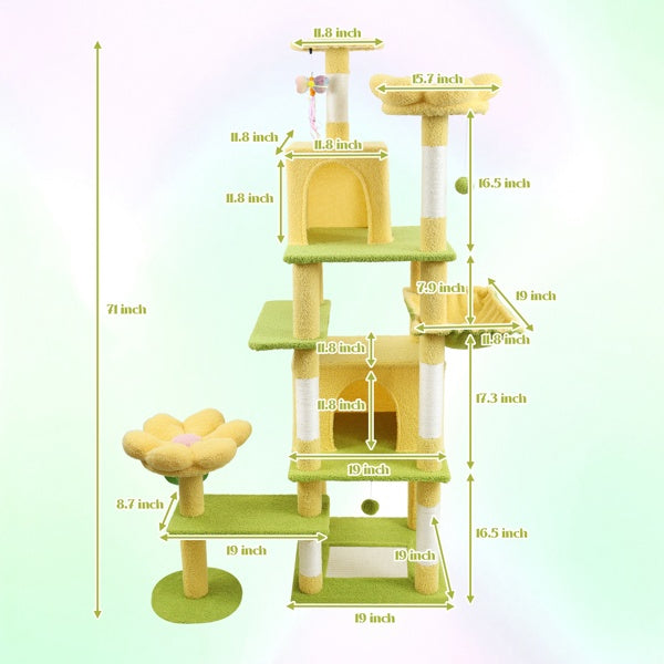 71 Inch Flower Cat Tree With Large Condo Removable Flower Cushion And Hammock Yellow