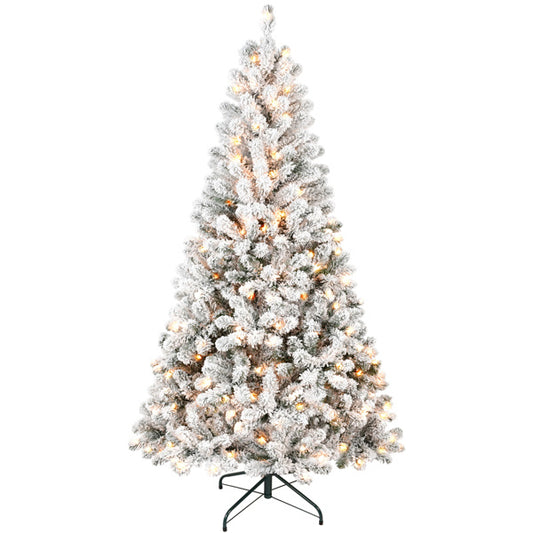 Artificial 7ft Flocked Christmas Tree With 1022 PVC Branch Tips, 350L Warm White Led, Round Head, Foldable Base For Indoor Holiday Decorating