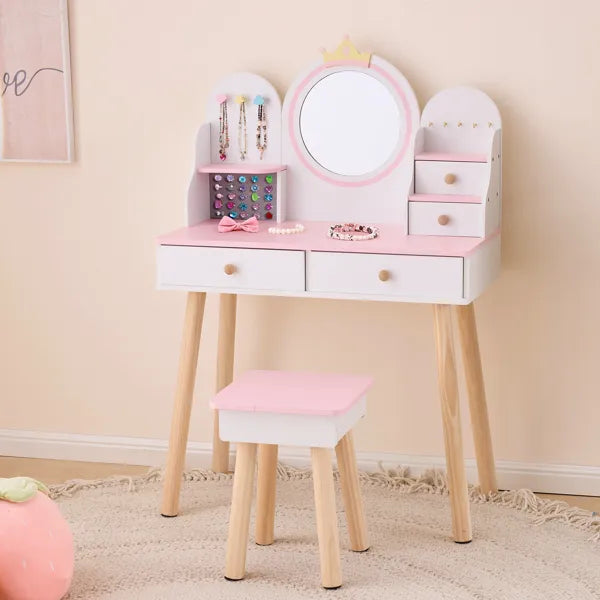 White And Pink Crown Element, MDF + Particleboard + Solid Wood Legs, Painted And Melamine Laminated, 4-drawer Children's Dressing Table Set