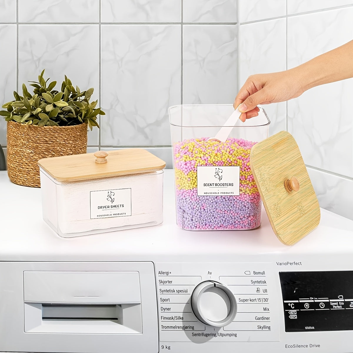 3-Pack Laundry Room Organization Storage Boxes, Clear Laundry Bead Containers And Dryer Sheet Holders Set With Lids And Labels For Detergent, Washing Powder, Dryer Balls, Laundry Beads