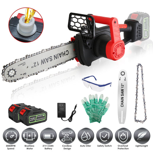 1Pc 12Inch Electric Cordless Chainsaw With 2Pcs 21V 3000mAh Battery And Charger Brushless Battery Operated Handheld Chainsaw With Auto Oiler Safety Switch For Tree Trimming Wood Cutting