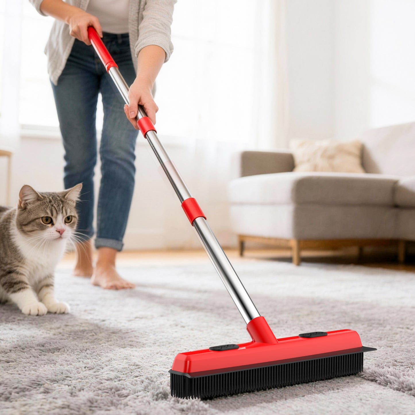 Person using a red broom on a carpet with a cat watching nearby in a living room.