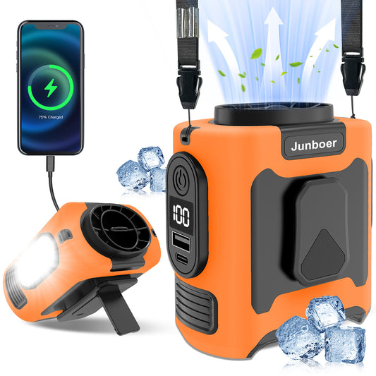 16, 000 Rpm 10000mAh Portable Waist Fan, Clip On Wearable Belt Personal Fan, Rechargeable Battery Powered, With 5 Speed Levels And A Flashlight, Suitable For Outdoor Camping And Traveling Orange