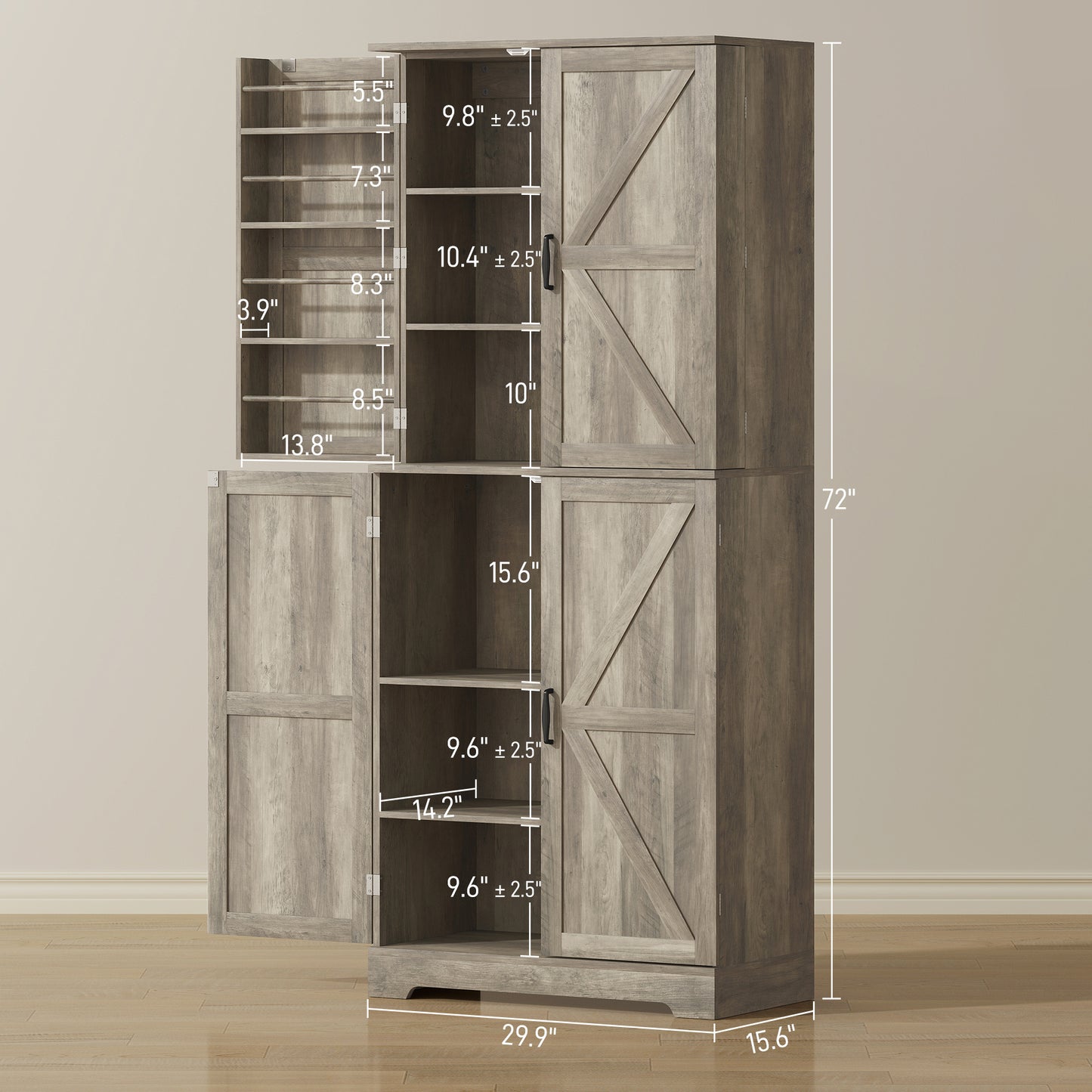 Farmhouse Kitchen Pantry, 72 Tall Pantry Cabinet With 4 Barn Doors, 4 Adjustable Shelves And 8 Door Shelves, Gray Wash