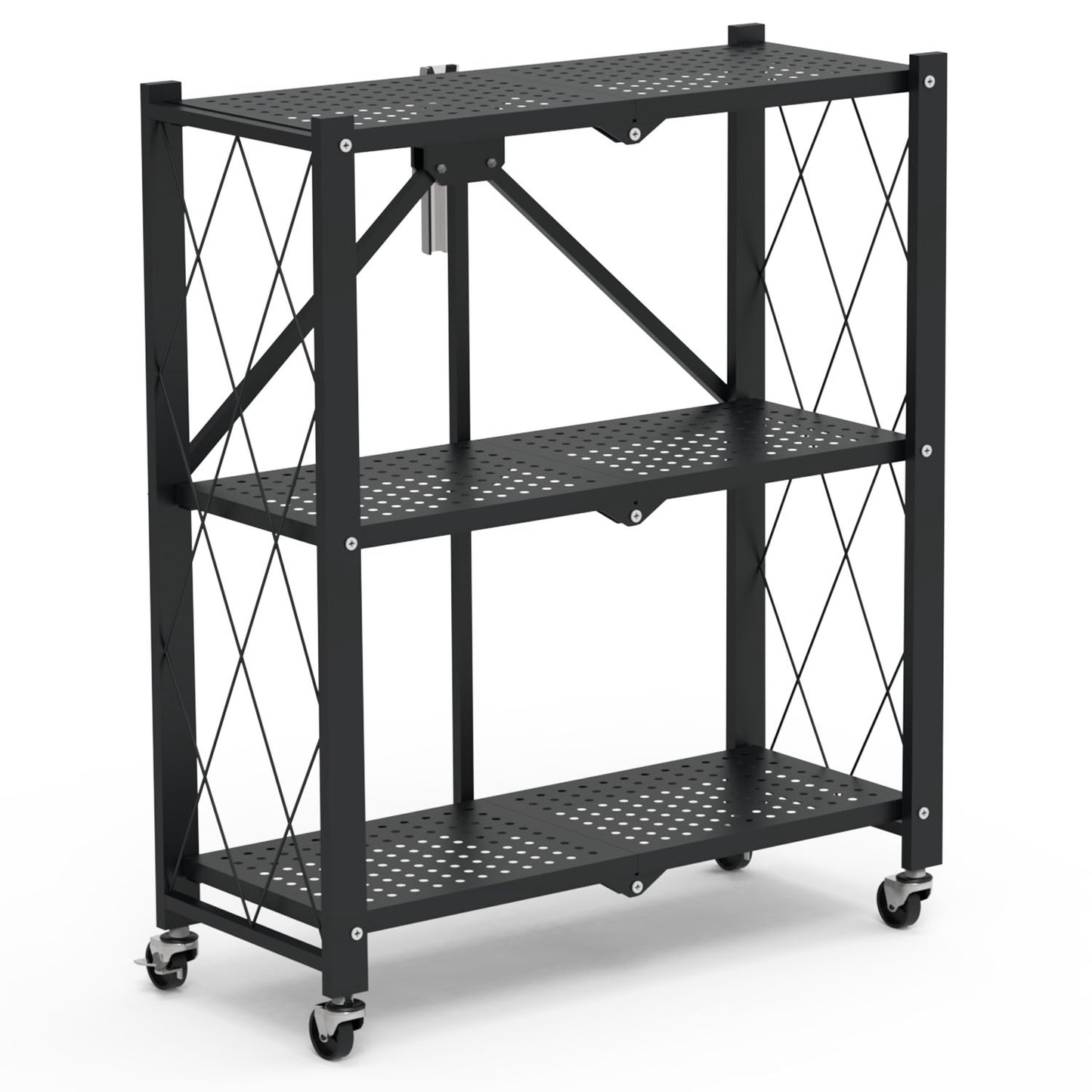 1Pc 3Tier Foldable Storage Shelf With Lockable Wheels No Assembly Rolling Utility Shelf Heavy Duty Collapsible Organizer Rack For Kitchen Living Room Basement Pantry Bedroom