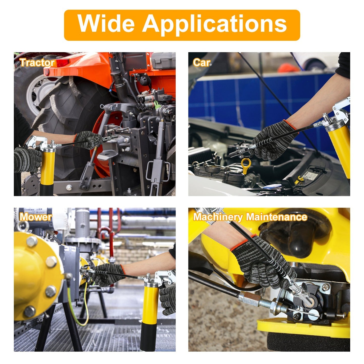 1Pc Grease Gun Kit Fit For 14 Oz Grease Tube 7000 PSI High Pressure Pistol Grip Grease Gun With Lock Coupler 11in Spring Flex Hose Jaw Couplers Sharp Nozzles