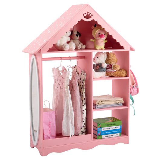 Pink dollhouse-shaped wardrobe with toys and clothes on a white background