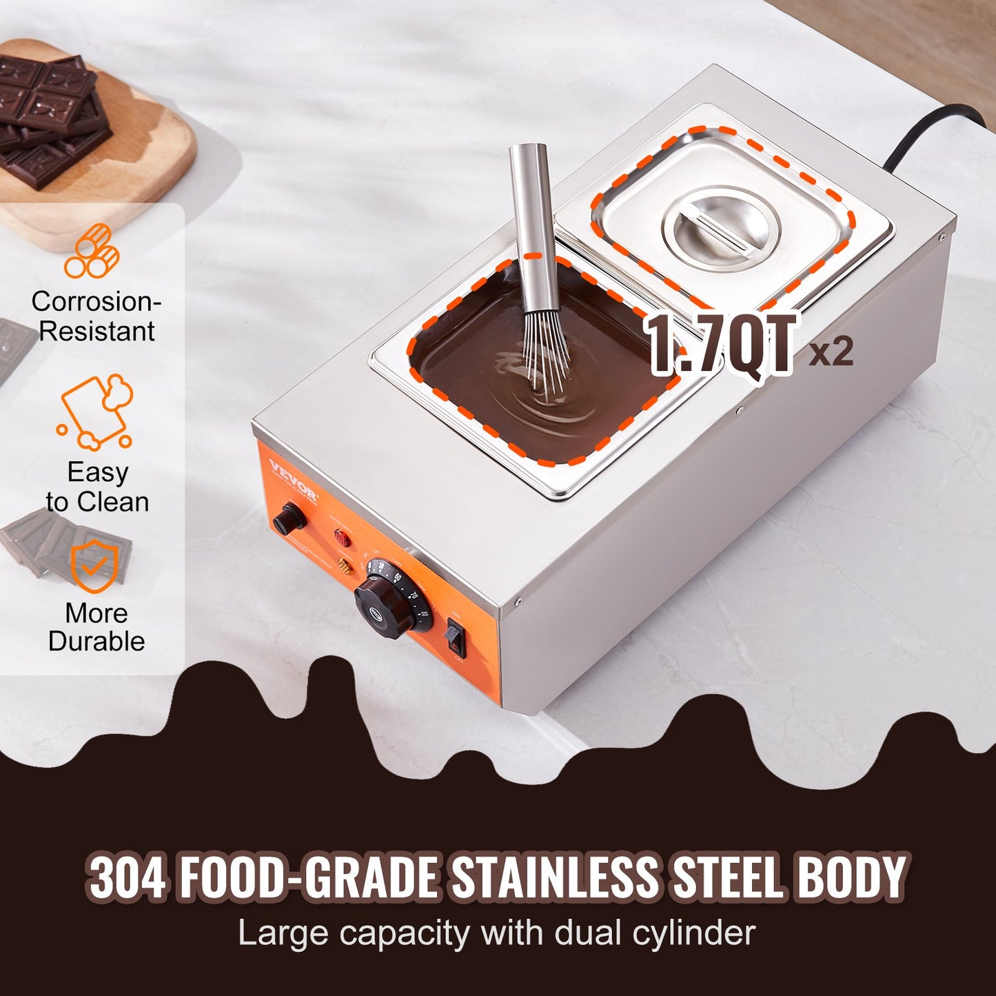 Chocolate Tempering Machine, 9 Lbs 2 Tanks Chocolate Melting Pot With TEMP Control 86~185F, 800W Stainless Steel Electric Commercial Food Warmer For Chocolate/Milk/Cream Melting And Heating