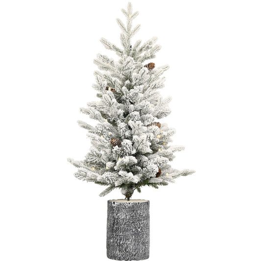 Artificial 4.5ft Decorated Flocking Basin Tree With 720 PE PVC Mixed Branch Tips, Pine Conex19, 150L Wram White Light, Holiday Decorating