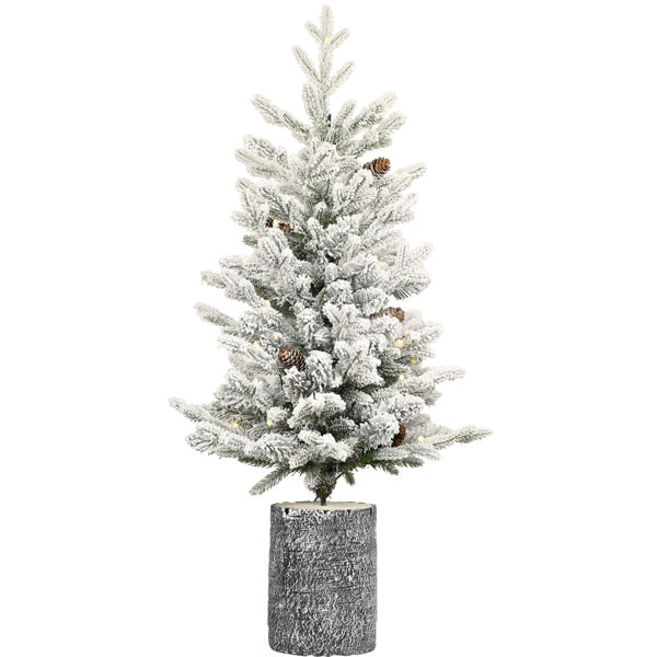 Artificial 4.5ft Decorated Flocking Basin Tree With 720 PE PVC Mixed Branch Tips, Pine Conex19, 150L Wram White Light, Holiday Decorating