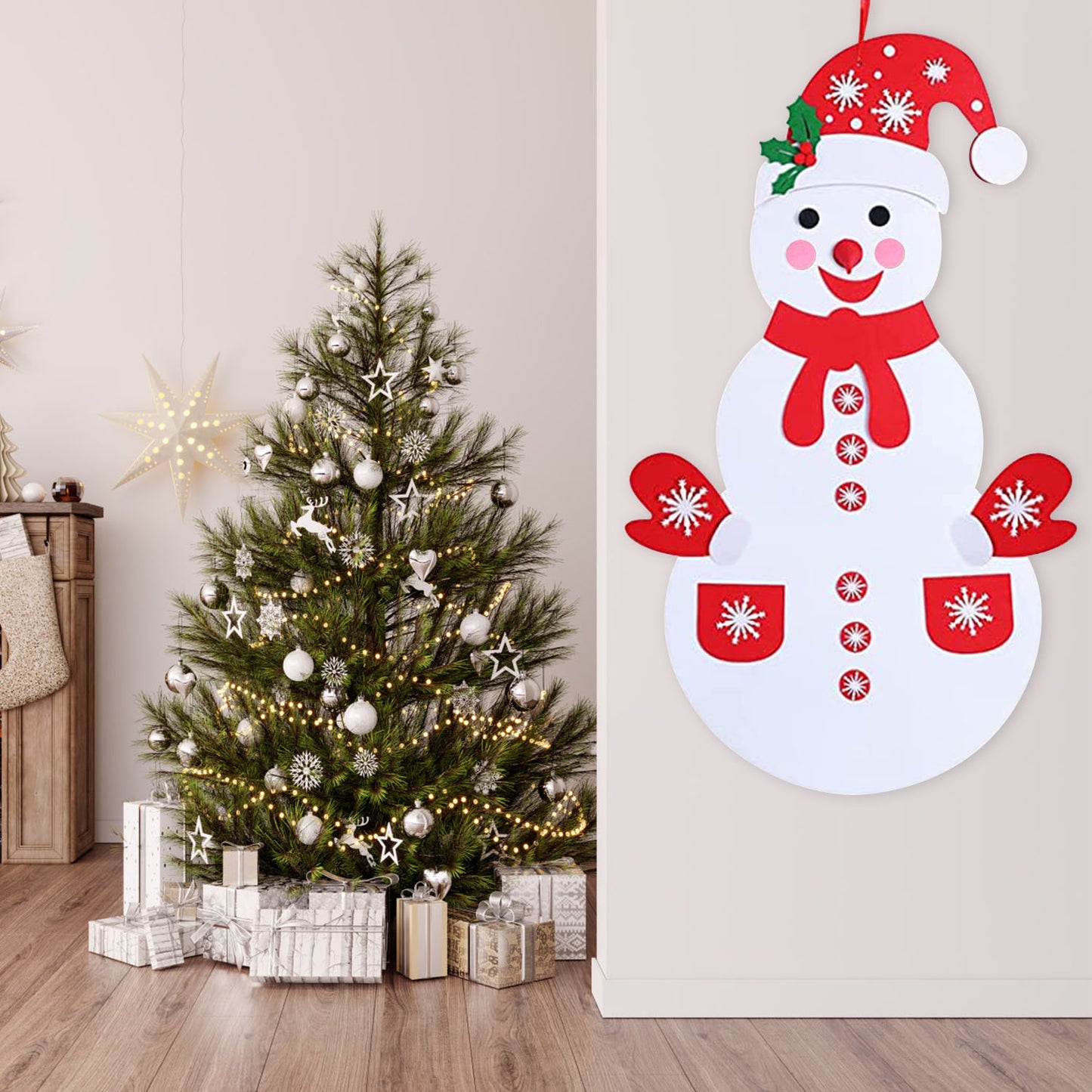 Felt Christmas Snowman Set DIY Felt Christmas Hanging Decorations Kits With 54Pcs Detachable Ornaments Xmas Gift For Toddlers