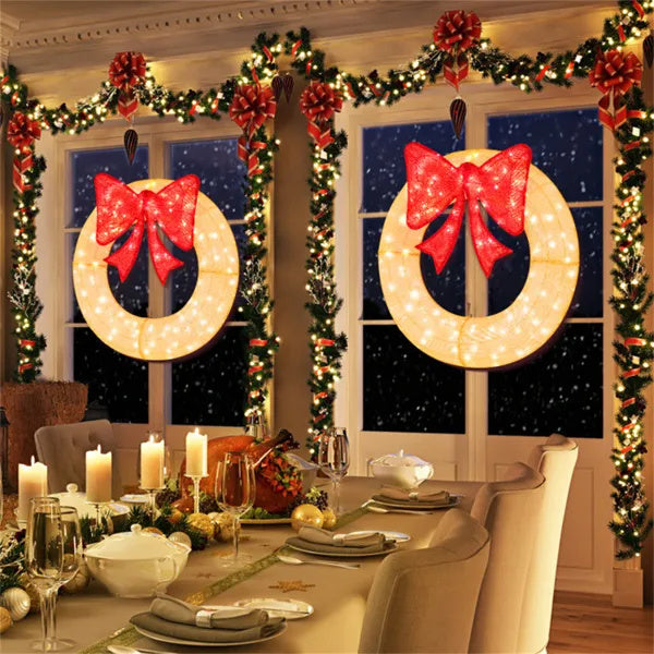 Pre-Lit Christmas Wreath - 200 LED Lights Warm White Red, Large Bow IP44 Weatherproof For Indoor Outdoor