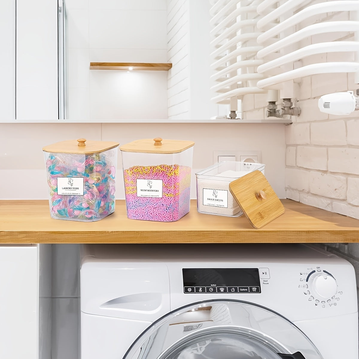 3-Pack Laundry Room Organization Storage Boxes, Clear Laundry Bead Containers And Dryer Sheet Holders Set With Lids And Labels For Detergent, Washing Powder, Dryer Balls, Laundry Beads