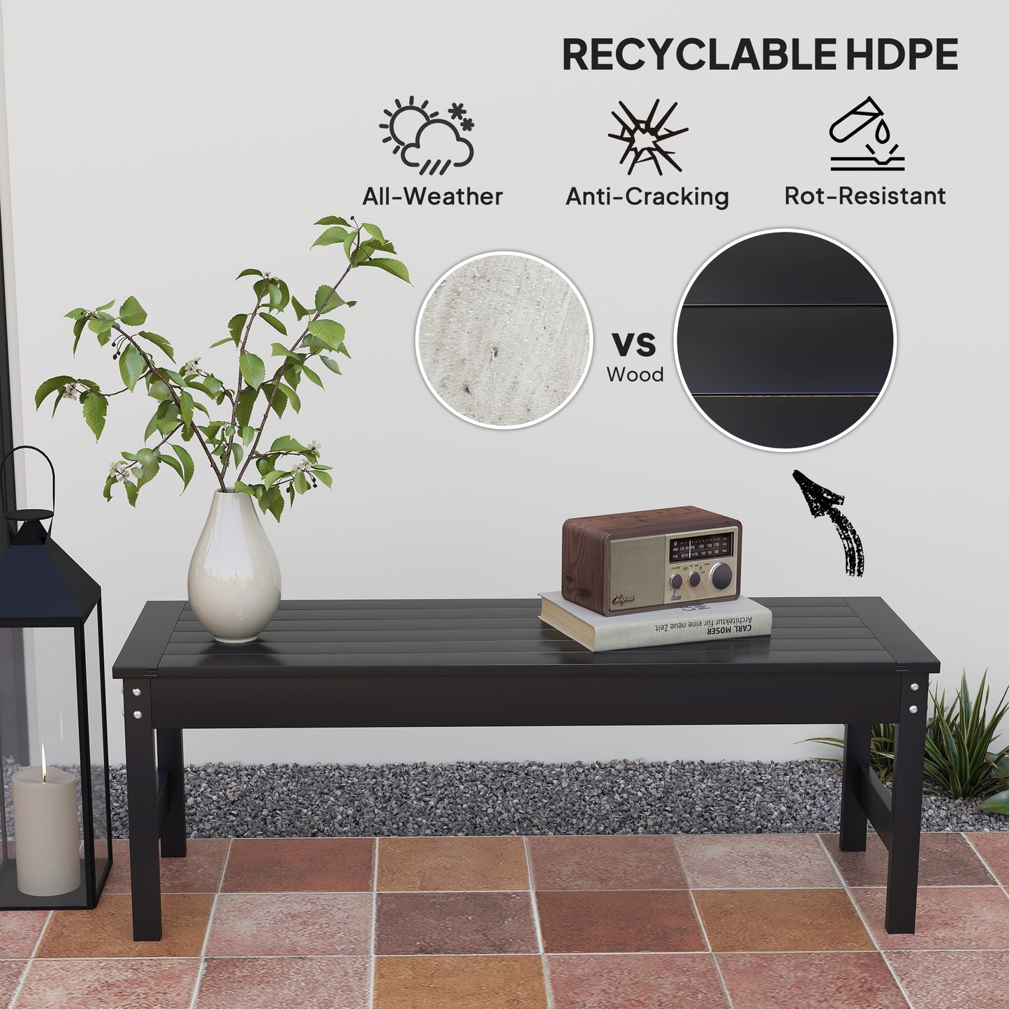 47 Outdoor Bench Seat, HDPE All-Weather Garden Bench, Backless Slatted Patio Bench For Yard, Porch, Park, Black