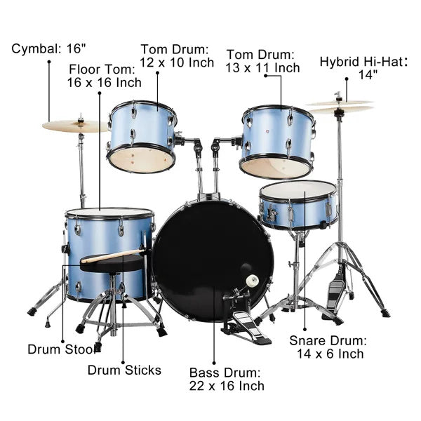 Full Size AdultDrum Set 5-Piece Blue With Bass Drum, Two Tom Drum, Snare Drum, Floor Tom, Stool, Drum Pedal, Sticks