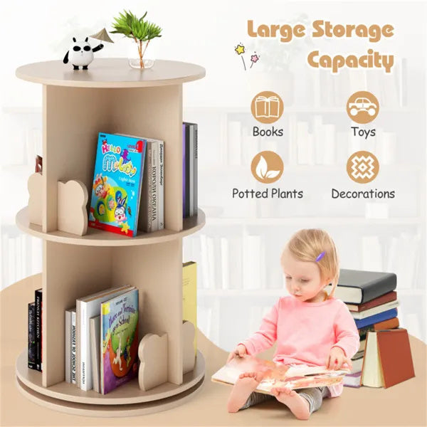 2-Tier Kids Rotating Bookshelf -  Display For Books Toys, Bear Baffles Child-Friendly Height, 22 Lbs Net Weight