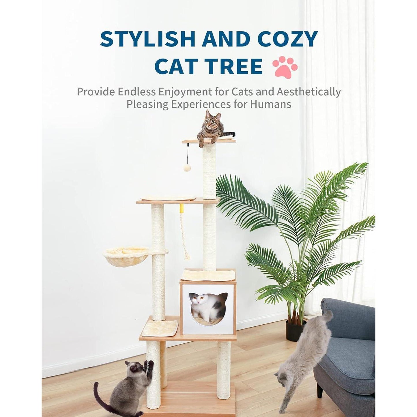 Modern Indoor Cat Tree Wooden Cat Tower Suitable For Cats, Includes Hammock, Scratching Post, And Removable Mat. Suitable For Both Large And Small Cats.