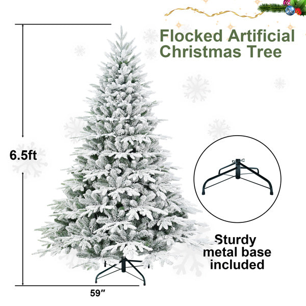 Artificial 6.5ft Flocked Christmas Tree With 2225 PE PVC Mixed Branch Tips, 450L Warm White Led, Steel Wire Wire, Hinged Premium & Foldable Base For Indoor Holiday Decorating