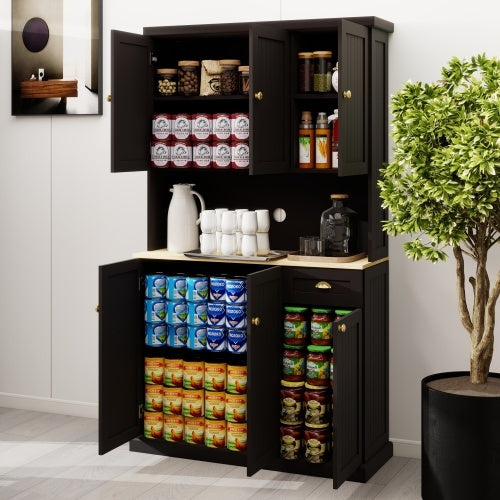 Kitchen Pantry Storage Cupboard With Microwave Countertop, Freestanding Cabinet With Adjustable Shelves, 6 Doors And 1 Drawer - Black