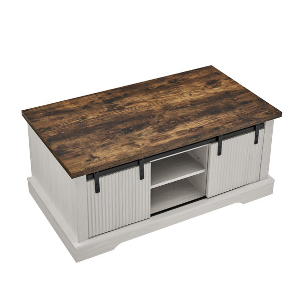 41.3 Inch Coffee Table With Storage And Sliding Wood Door, Farmhouse And Industrial Cocktail Table With Adjustable Shelves, Rectangular Rustic Living Room Table For Living Room Meeting Room