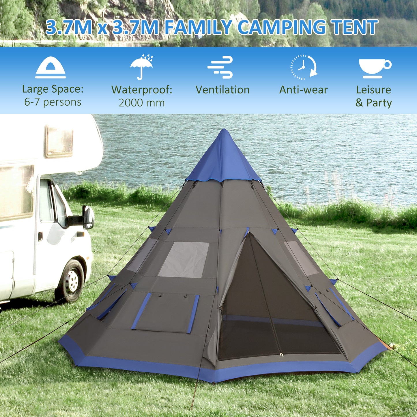 Family camping tent with features listed, set up outdoors near a lake.