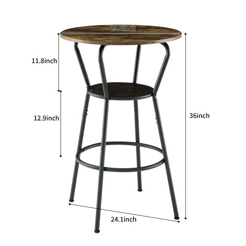 Round Bar Table And Stool Set With Shelf, Upholstered Stool With Backrest, Rustic Brown