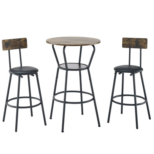 Round Bar Table And Stool Set With Shelf, Upholstered Stool With Backrest, Rustic Brown