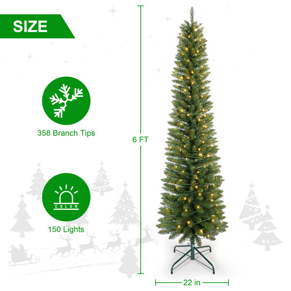 Artificial 6ft Green Pencil Christmas Tree With 358 PVC Branch Tips, 150L Warm White Led, Foldable Base For Indoor Holiday Decorating