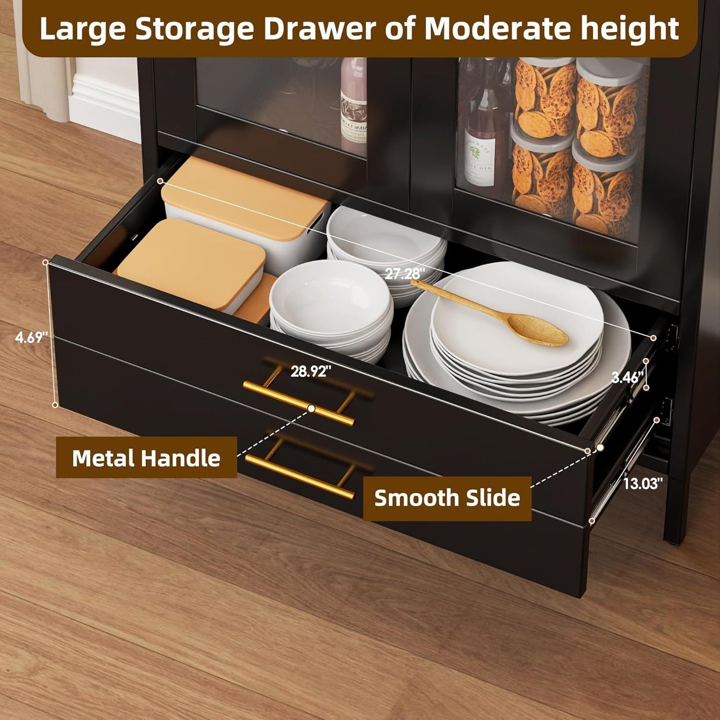 73 In Tall Metal Arched Cabinet, Kitchen Pantry Cabinet With Glass Doors, Modern Farmhouse Arched Bookcase With 2 Drawers And 2 Adjustable Shelves For Living Room, Black, Assembly Required