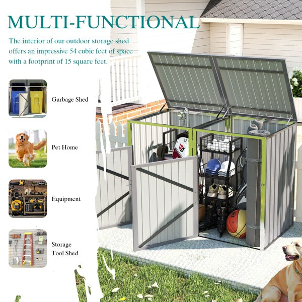 Garbage Bin Shed Stores 2 Trash Cans Metal Outdoor Bin Shed For Garbage Storage,54 Cubic Feet Of Space,Stainless Galvanized Steel, Bin Shed For Garden Yard Lawn,Grey