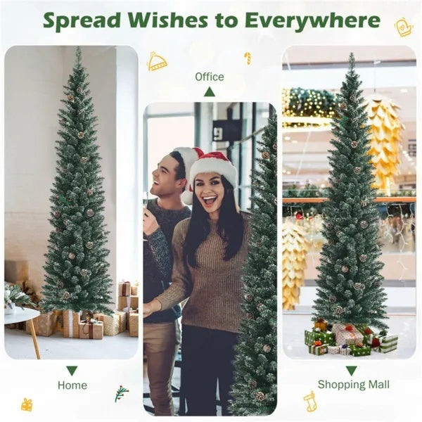 7FT Green Artificial Christmas Tree - 351 Lush Tips, 41 Realistic Pine Cones, Foldable Metal Stand