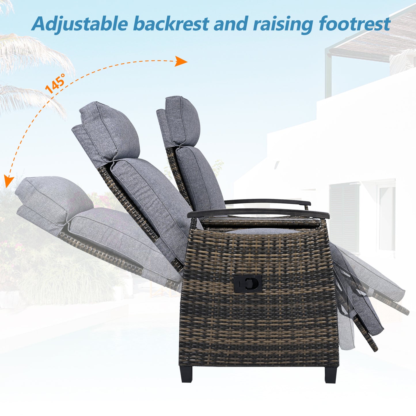 GO Patio Recliner Loveseat Chair, Adjustable Backrest Wicker Outdoor Lounge Chair Set With Acacia Wood Armrests And Built-in Storage Table For Balcony, Porch, Lawn, Gray