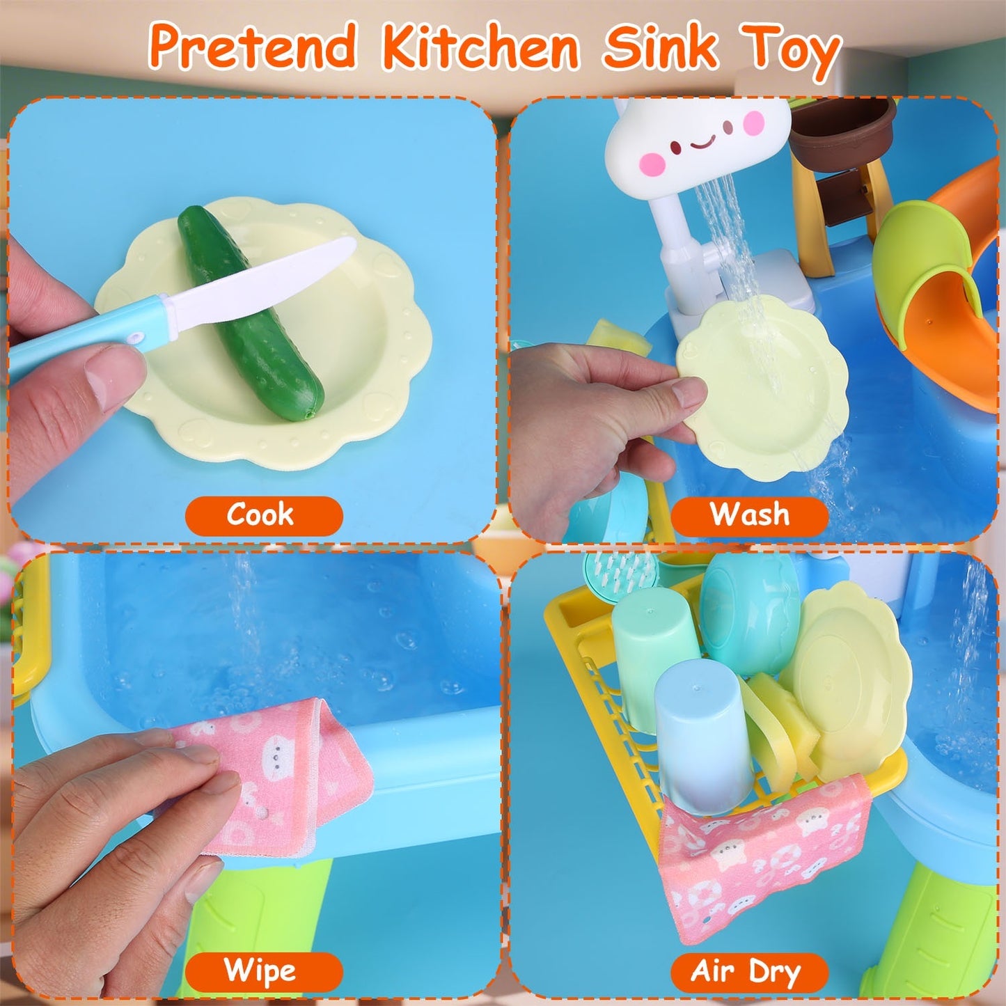 1Set 3 In 1 Kitchen Sink Toy With Electric Faucet Water Table Fishing Game Role Play Sink Set Indoor Outdoor For Kids Aged 3 Years Old