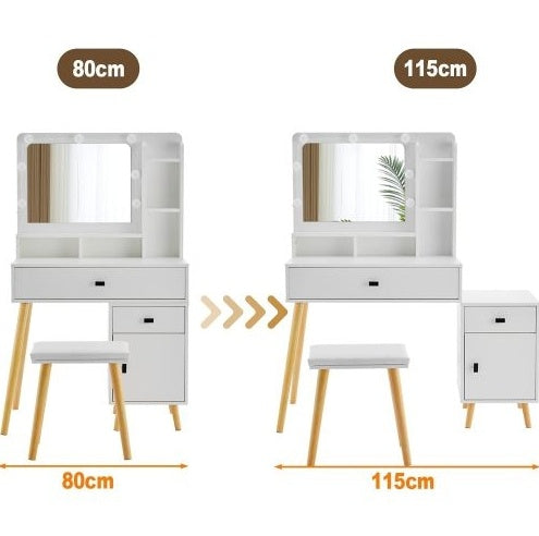 Dressing Table With Hollywood LED Mirror, Light Adjustable Brightness, Dressing Table, Padded Stool Set, White, Wooden Cosmetic Table With Drawer And Storage Cabinet