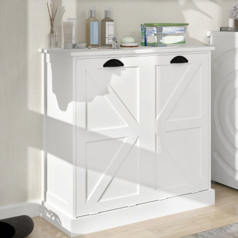 Two-Compartment Tilt-Out Laundry Sorter Cabinet-White