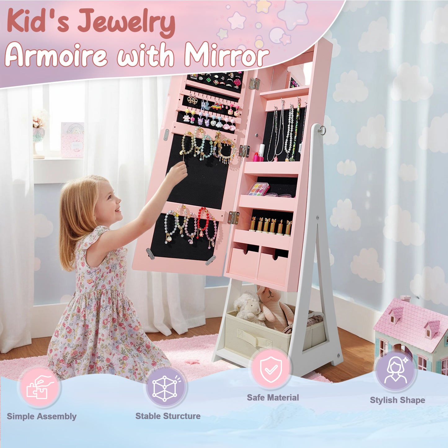 Jewelry Armoire Cabinet, Rabbit Themed Wooden Standing Jewelry Organizer W-Full-length Mirror And Storage Drawers, Children Dress Up Jewelry Cabinet For Little Girls Pink