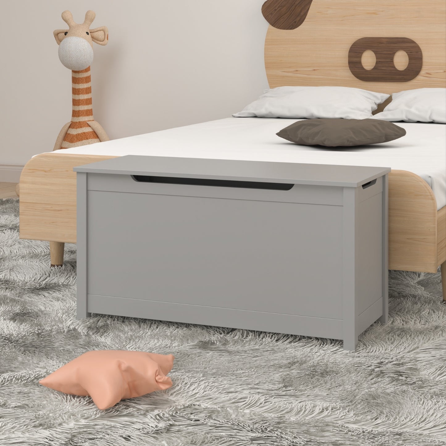 Kids Wooden Toy Box Storage With Safety Hinged Lid Gray