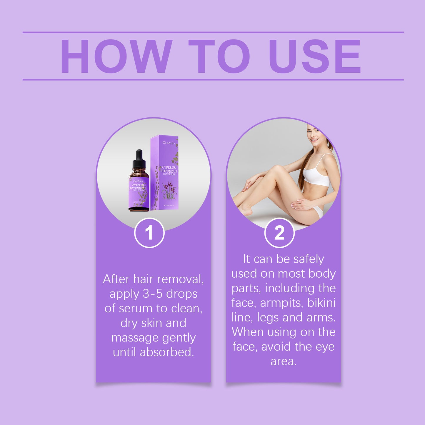 Instructions on how to use a serum with images and text on a purple background