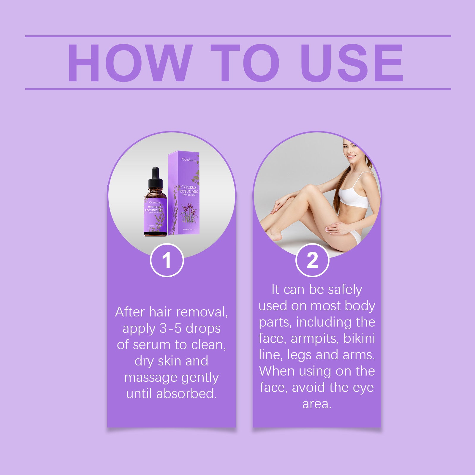 Instructions on how to use a serum with images and text on a purple background