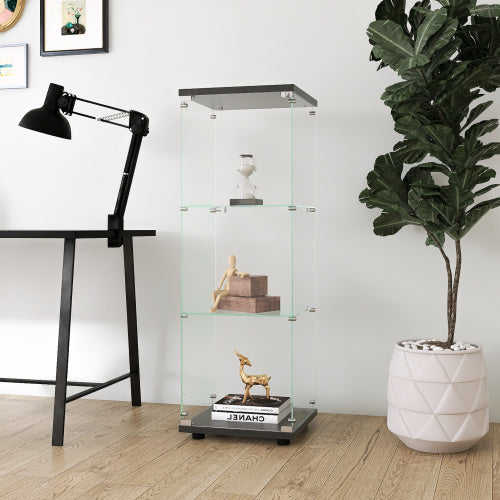 Glass Display Case With 3 Shelves, Single Door Treasure Cabinet, Suitable For Living Room, Bedroom, Office, Black Floor Glass Bookshelf, Quick Installation