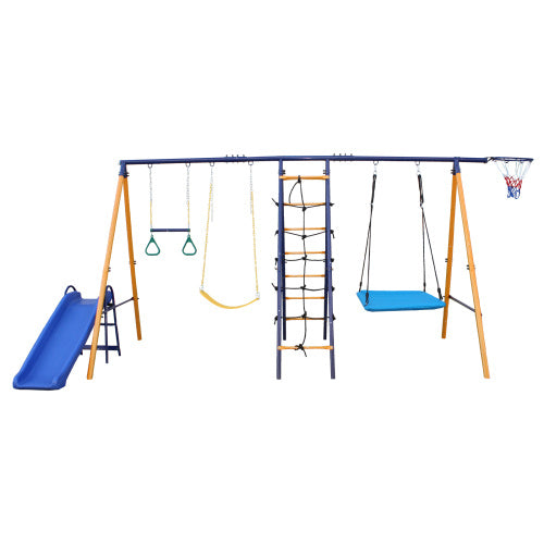 500 Lbs 7 In 1 Swing Set For Kids  Outdoor A Frame Heavy  Metal Swing Sets With Slide  2 Swing Seats 1 Climbing Net   Ladder 1 Gym Ring 1 Basket