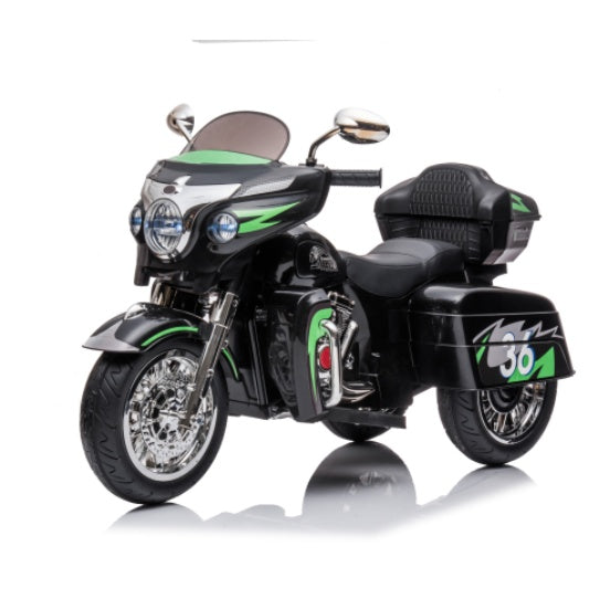 Black and green toy motorcycle on a white background