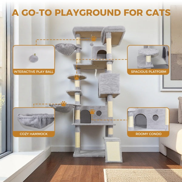 84.6 In Light Gray Cat Tree Tower With Wide Base, 3 Large Hinding Condo, 11 Sisal Scratching Post, Sisal Scratching Ladder, 2 Hammocks, Large Top Platform, Many Landing Perch And Interactive Toy