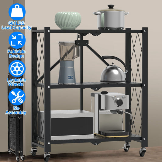 1Pc 3Tier Foldable Storage Shelf With Lockable Wheels No Assembly Rolling Utility Shelf Heavy Duty Collapsible Organizer Rack For Kitchen Living Room Basement Pantry Bedroom