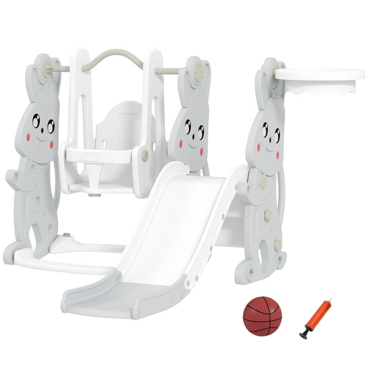4 In 1 Toddler Slide And Swing Set With Climber, Basketball Hoop, Rabbit Themed Kids Playset For Ages 1.5-4, Gray